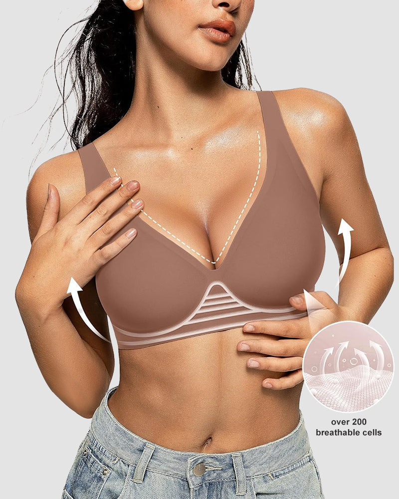 Wireless Push-Up Bra with Deep V-Neckline and Seamless Design