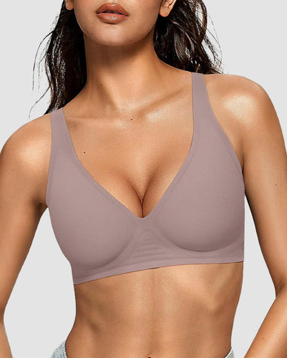 Wireless Push-Up Bra with Deep V-Neckline and Seamless Design