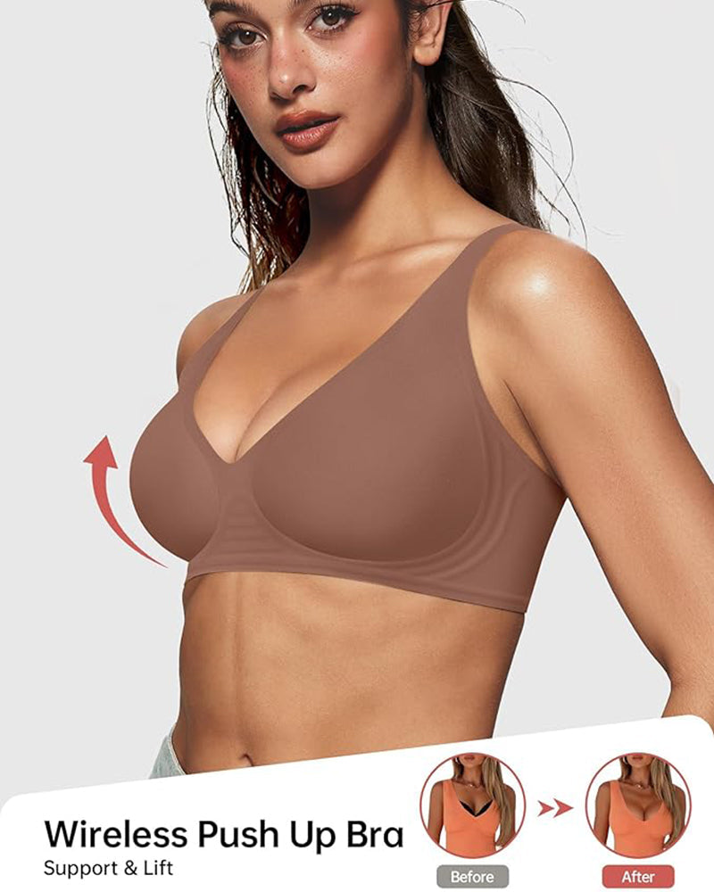 Wireless Push-Up Bra with Deep V-Neckline and Seamless Design