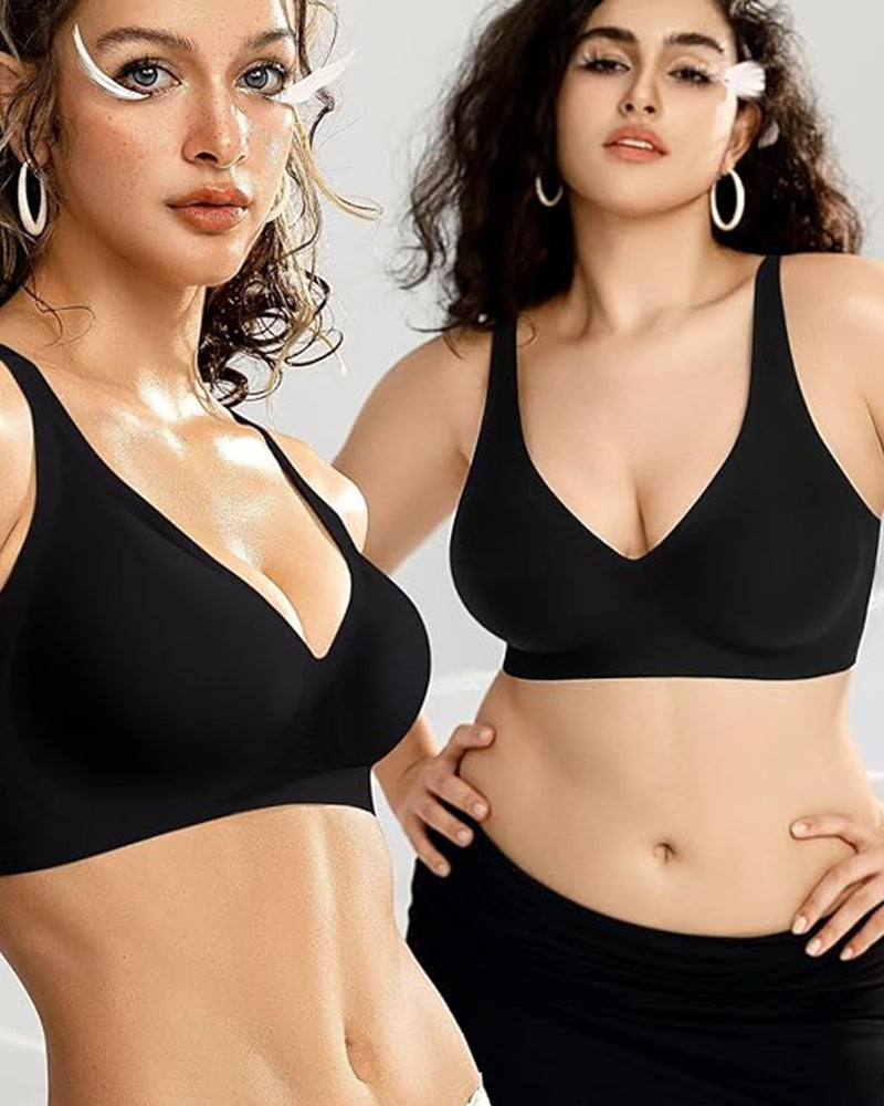 Wireless Push-Up Bra with Deep V-Neckline and Seamless Design