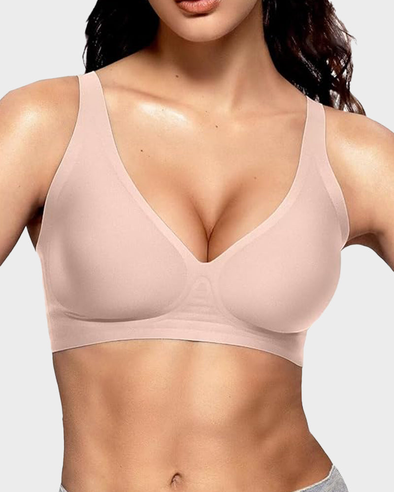 Wireless Push-Up Bra with Deep V-Neckline and Seamless Design